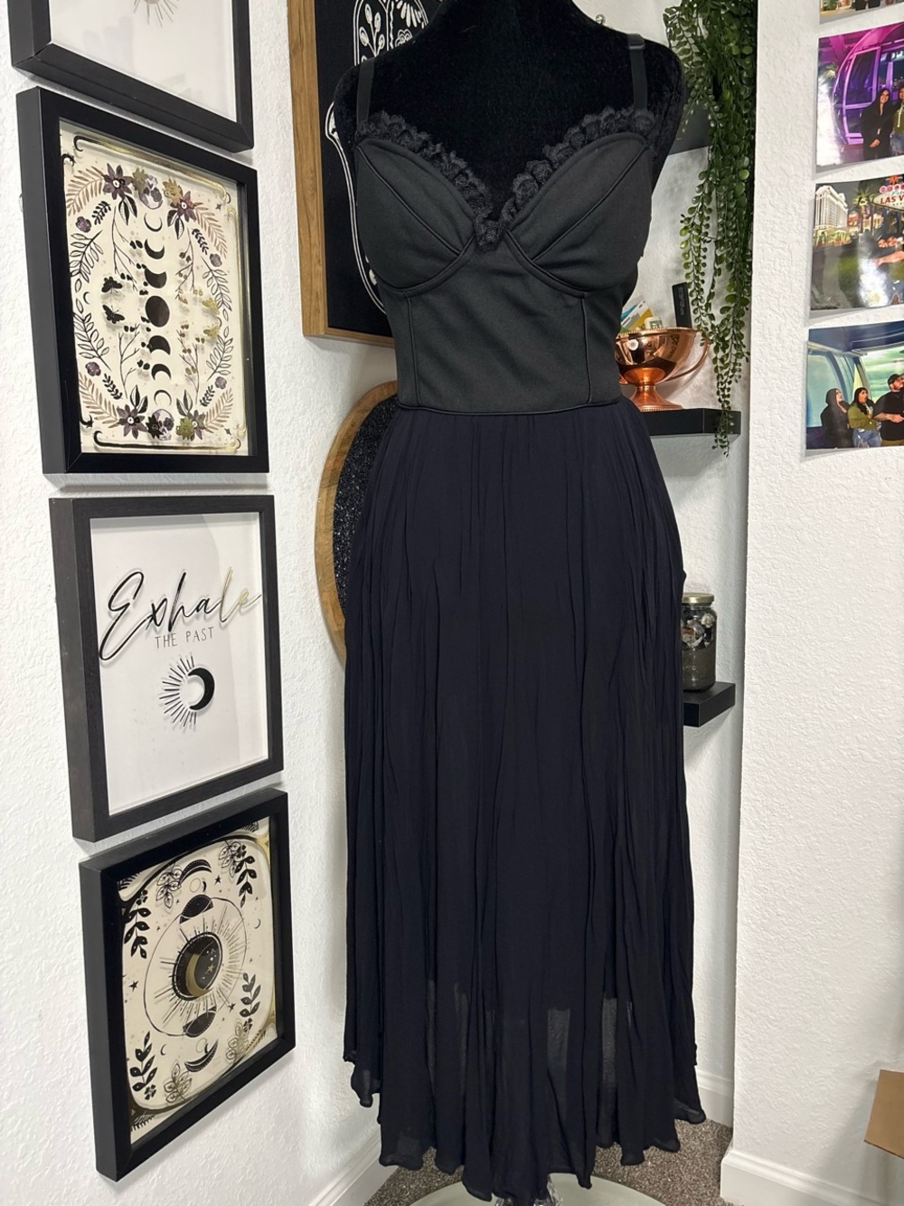 Vintage ABS Allen Schwartz Black Lace Trim Corset Midi Dress Evening Goth Size 6